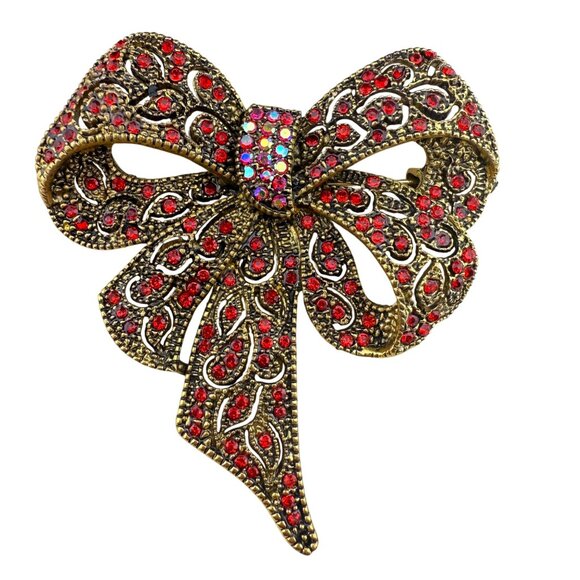Sparkling Bow Brooch Red Rhinestones Gold-Tone Metal Elegant Statement Pin Acces - Picture 1 of 5